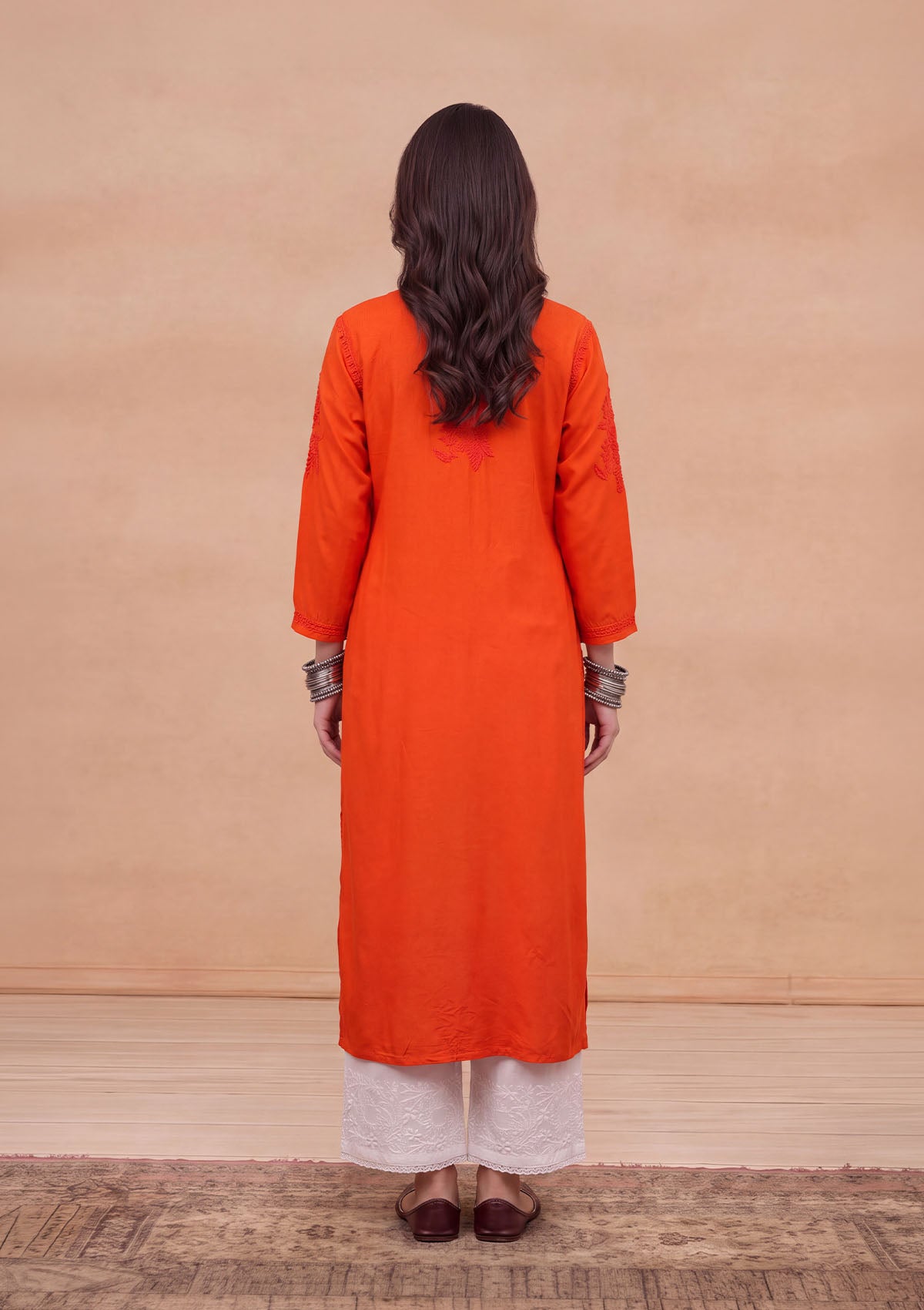 HOC Rayon Chikankari Solid Women's Long Kurta - Orange