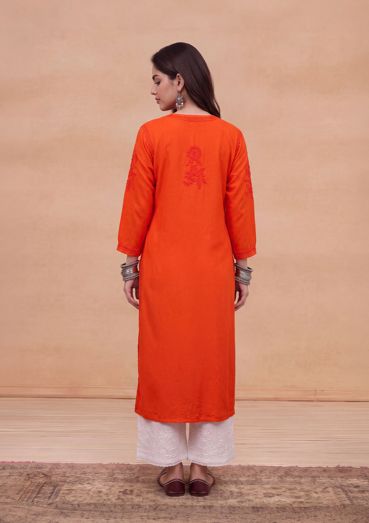 HOC Rayon Chikankari Solid Women's Long Kurta - Orange