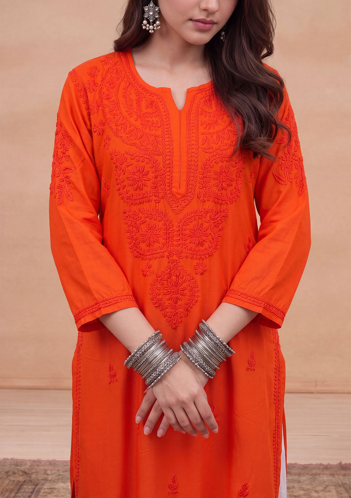HOC Rayon Chikankari Solid Women's Long Kurta - Orange