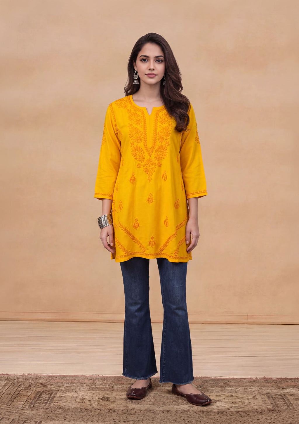 HOC Rayon Chikankari Solid Women's Short Kurta - Yellow
