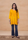 HOC Rayon Chikankari Solid Women's Short Kurta - Yellow
