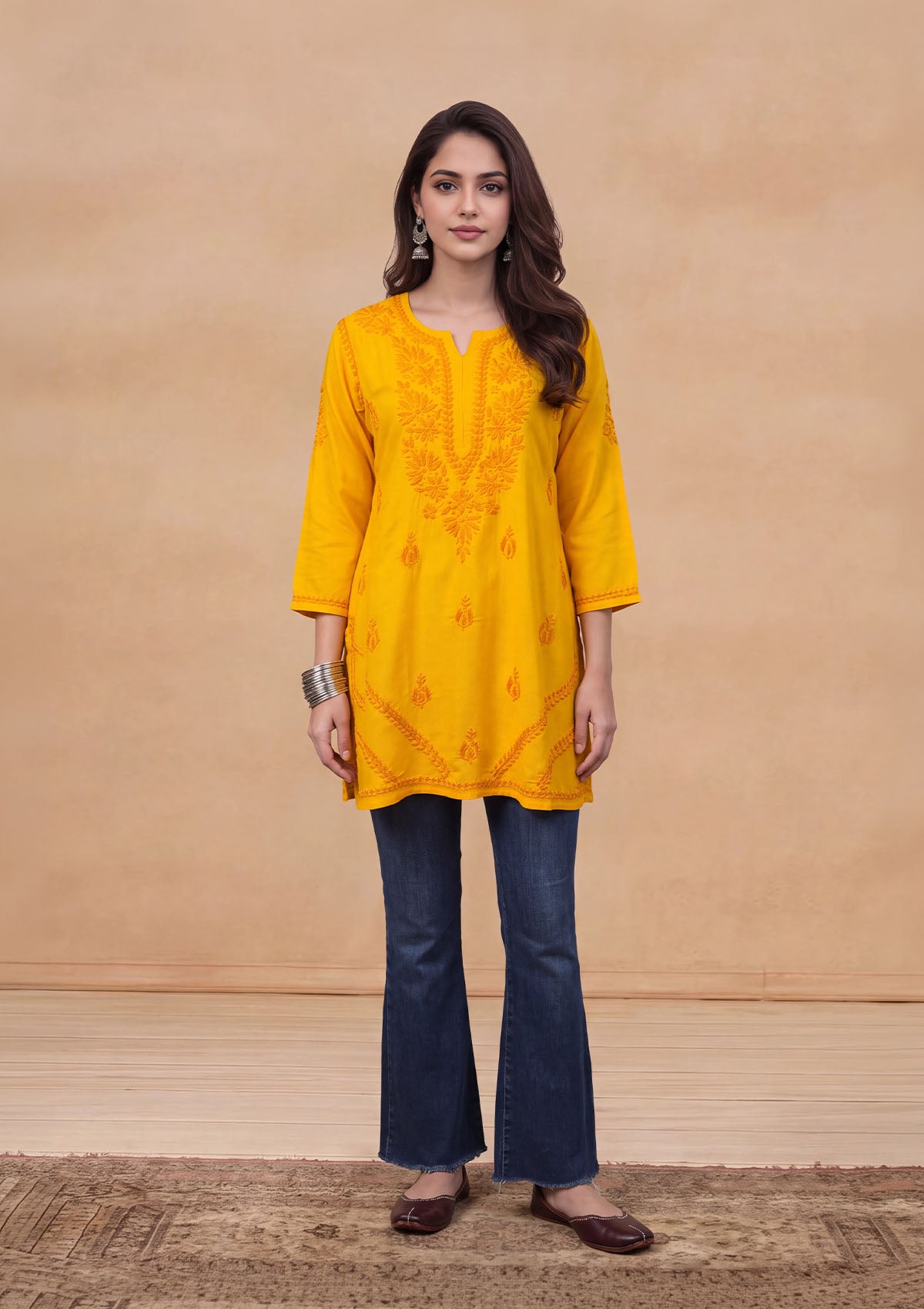 HOC Rayon Chikankari Solid Women's Short Kurta - Yellow