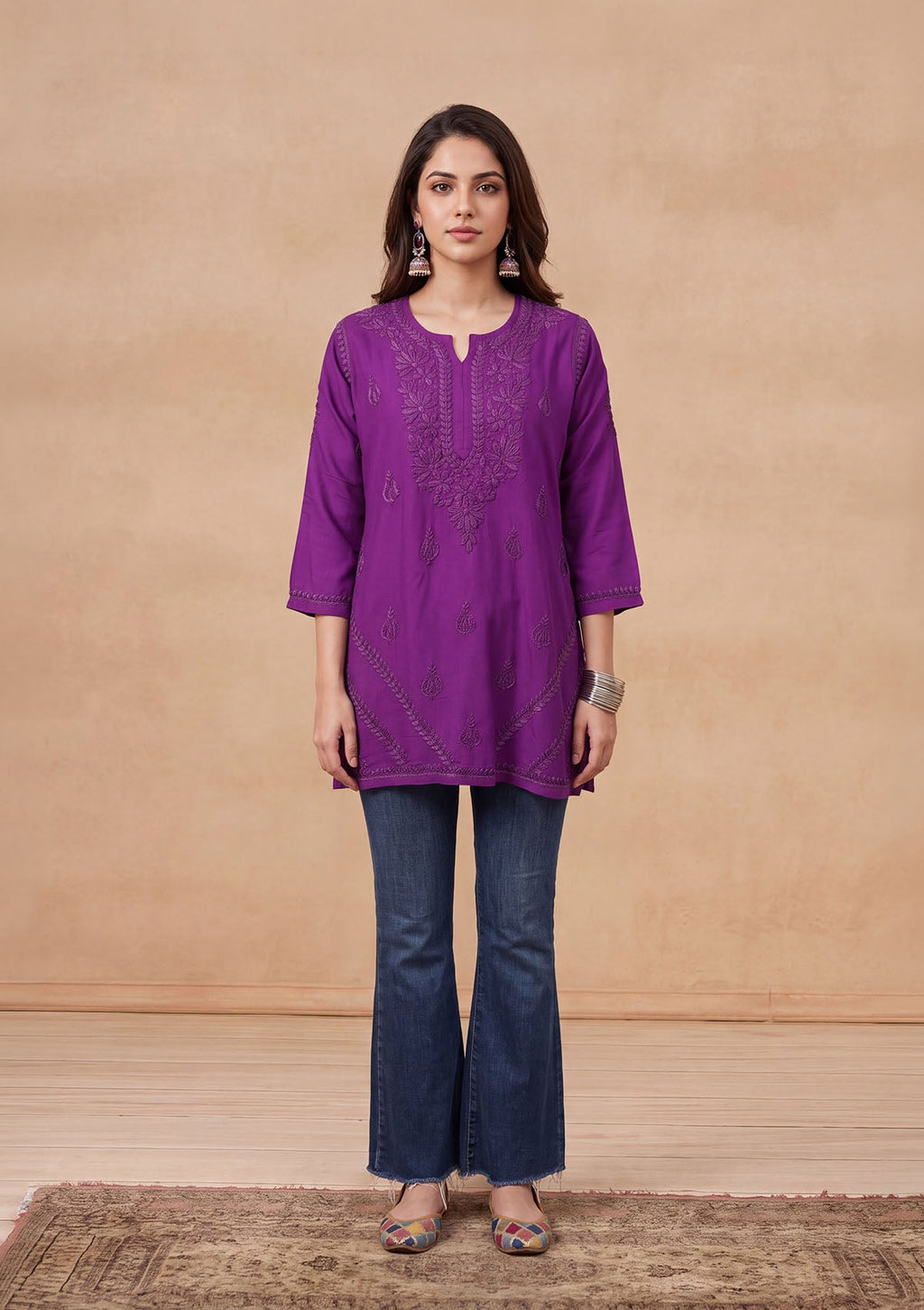 HOC Rayon Chikankari Solid Women's Short Kurta - Violet