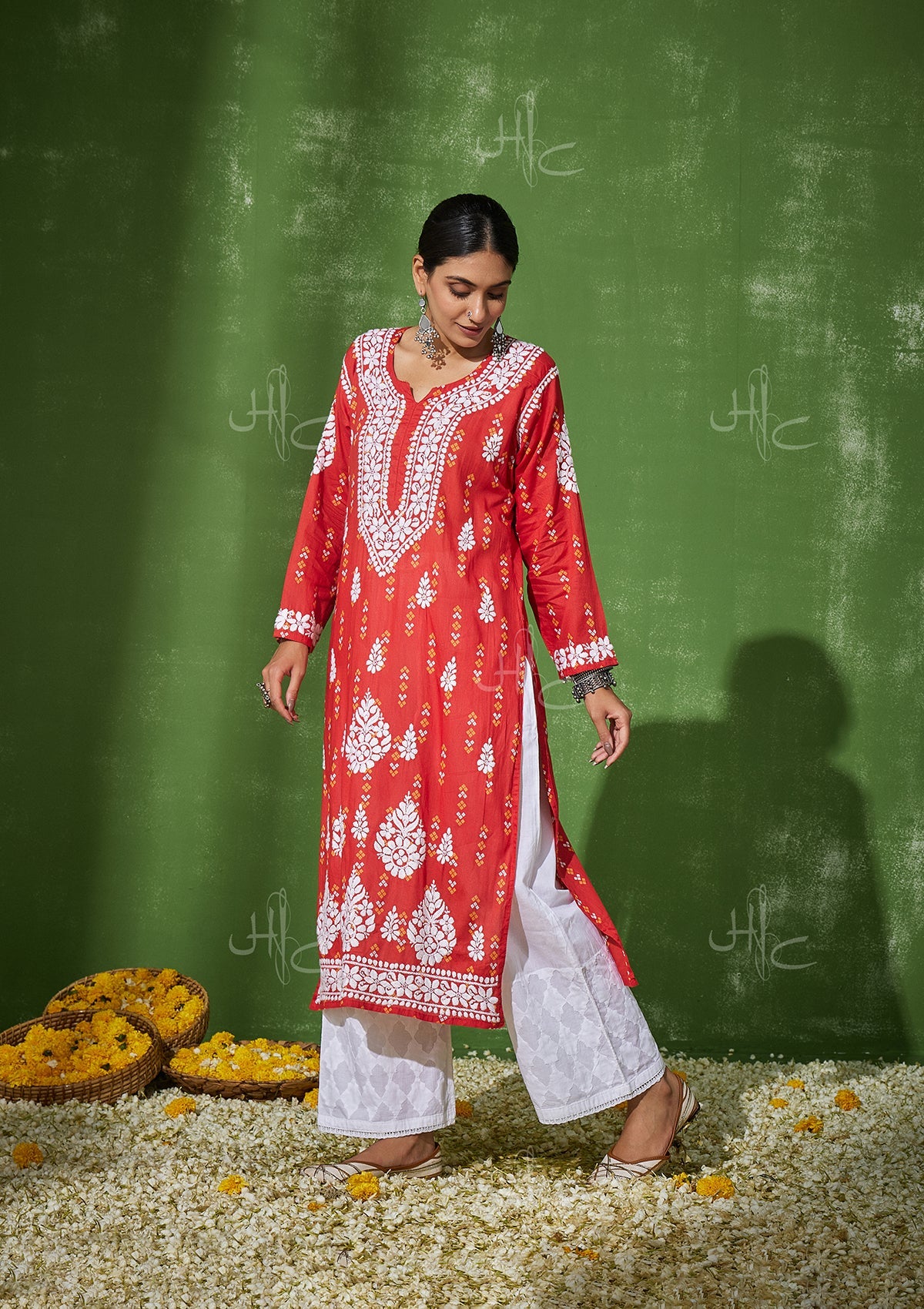 HOC Women Mira Chikankari Mulmul Straight Kurta