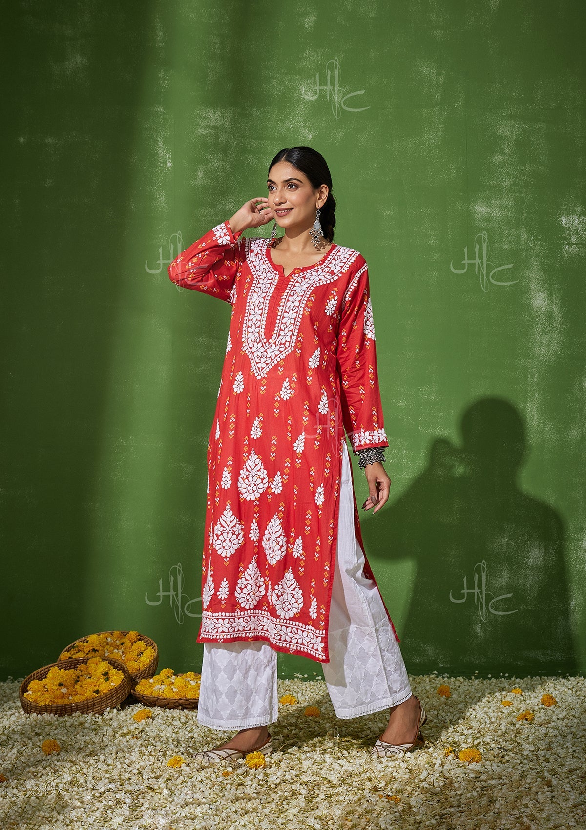 HOC Women Mira Chikankari Mulmul Straight Kurta