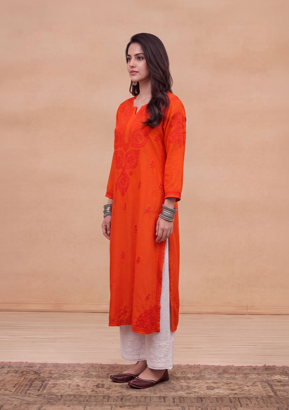 HOC Rayon Chikankari Solid Women's Long Kurta - Orange
