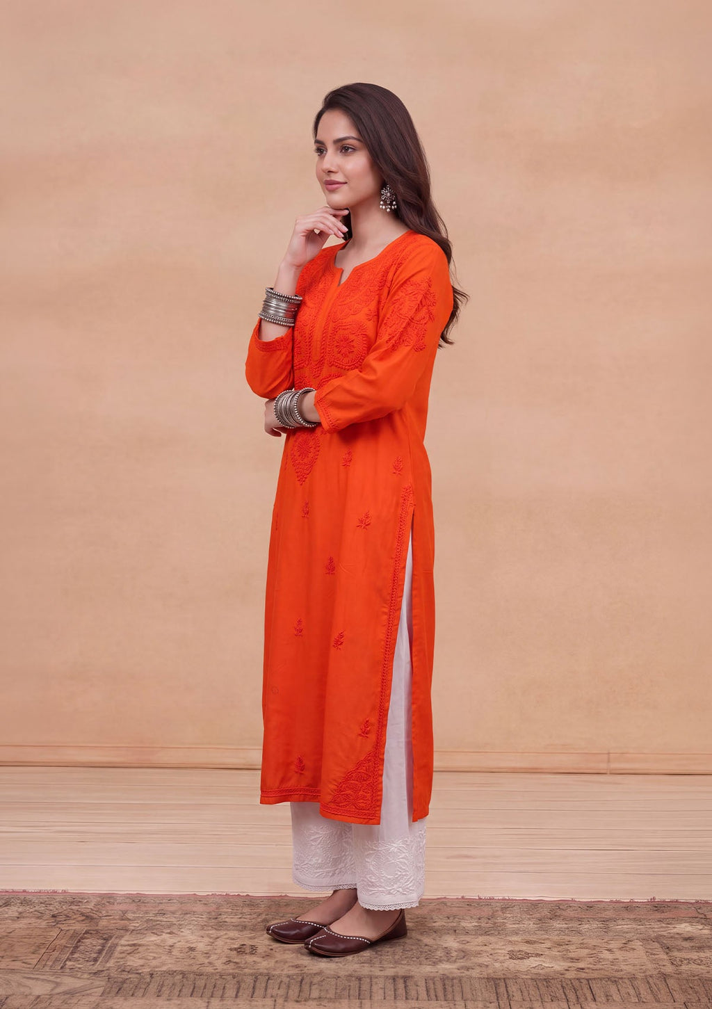 HOC Rayon Chikankari Solid Women's Long Kurta - Orange