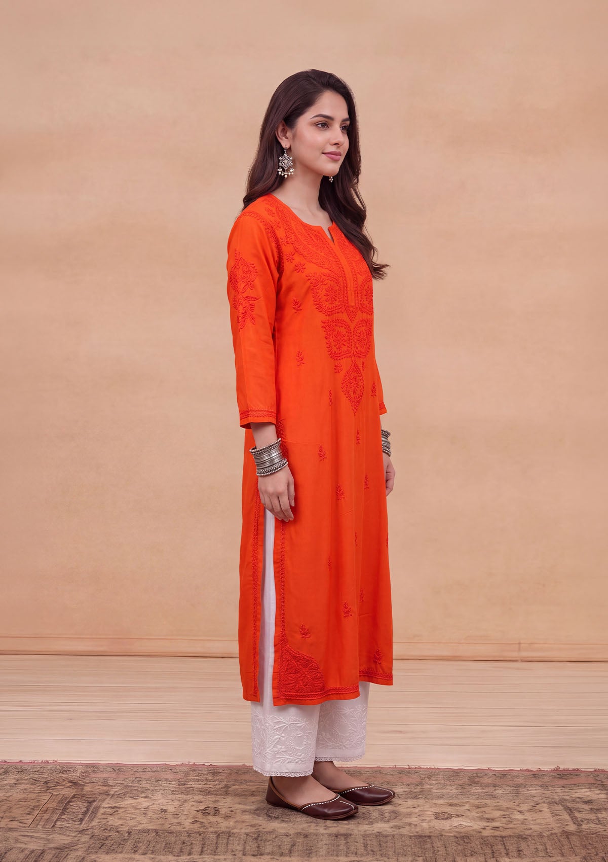 HOC Rayon Chikankari Solid Women's Long Kurta - Orange
