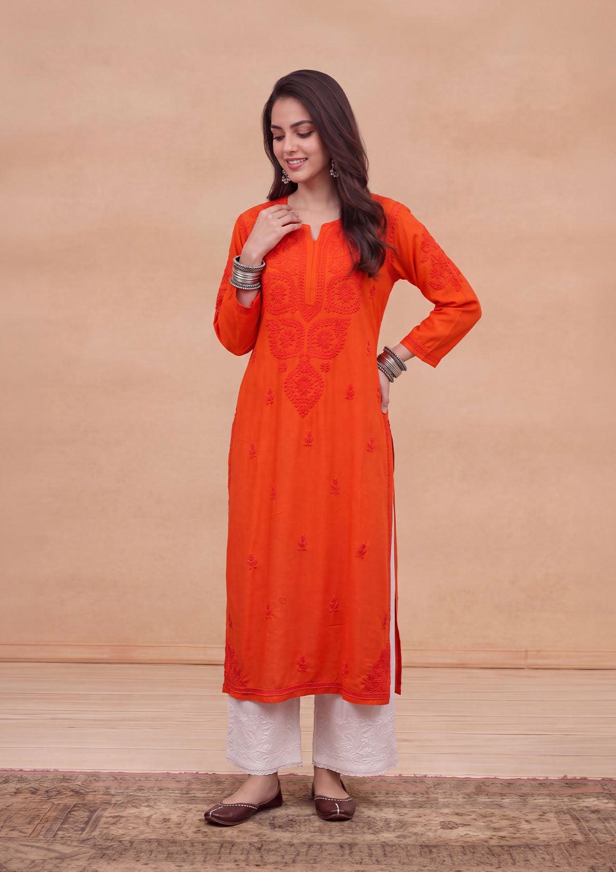 HOC Rayon Chikankari Solid Women's Long Kurta - Orange