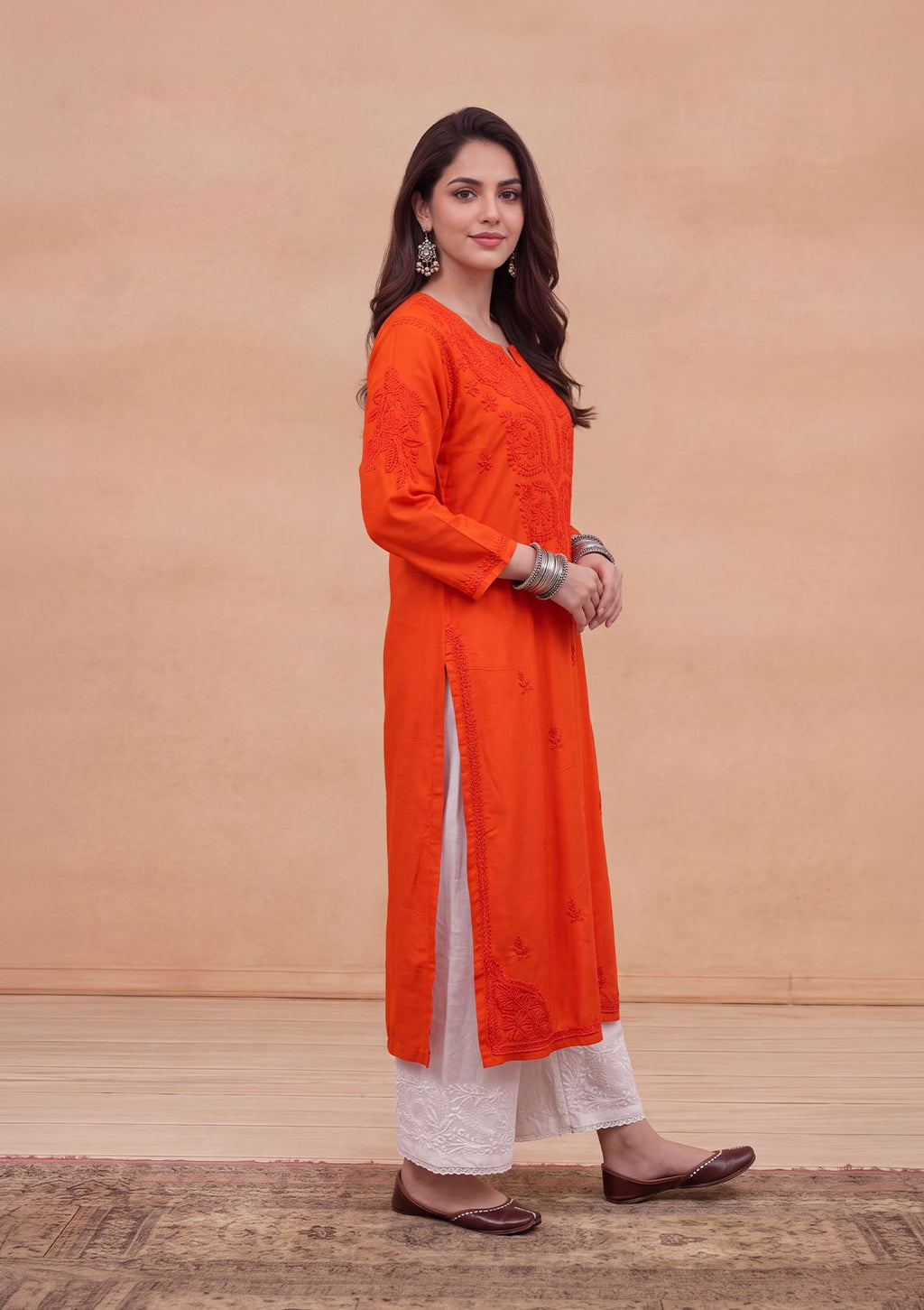 HOC Rayon Chikankari Solid Women's Long Kurta - Orange