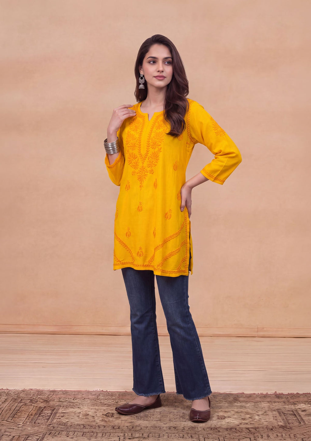 HOC Rayon Chikankari Solid Women's Short Kurta - Yellow
