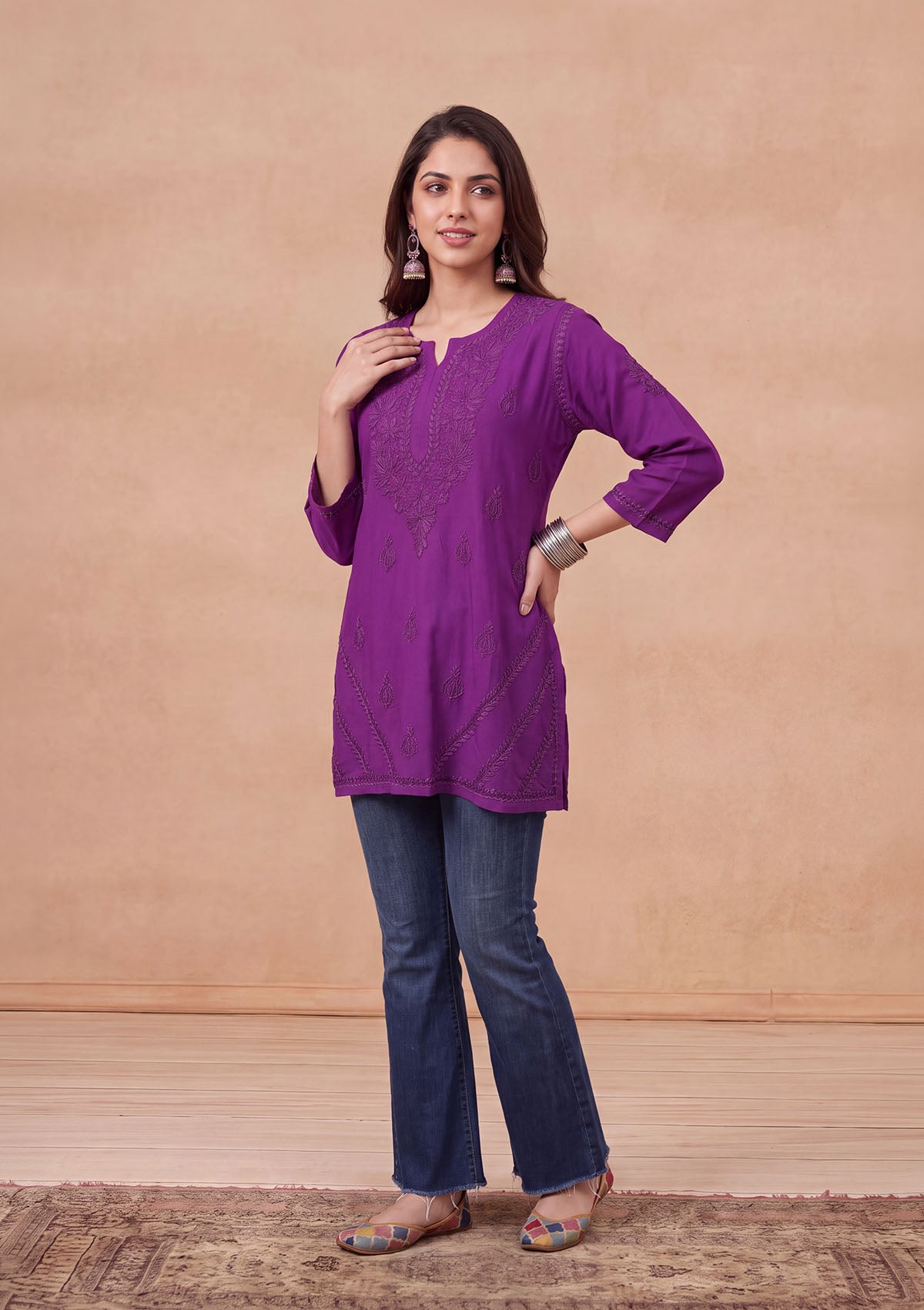 HOC Rayon Chikankari Solid Women's Short Kurta - Violet