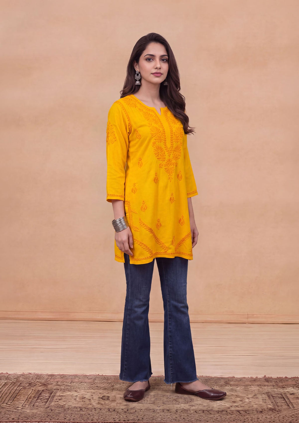 HOC Rayon Chikankari Solid Women's Short Kurta - Yellow