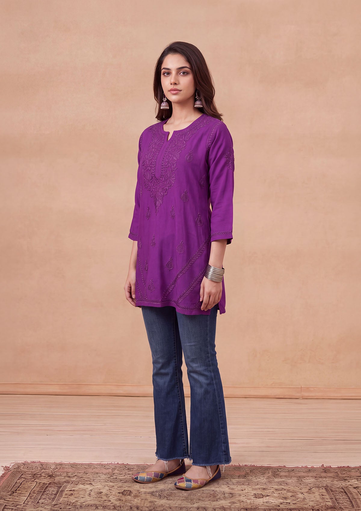 HOC Rayon Chikankari Solid Women's Short Kurta - Violet