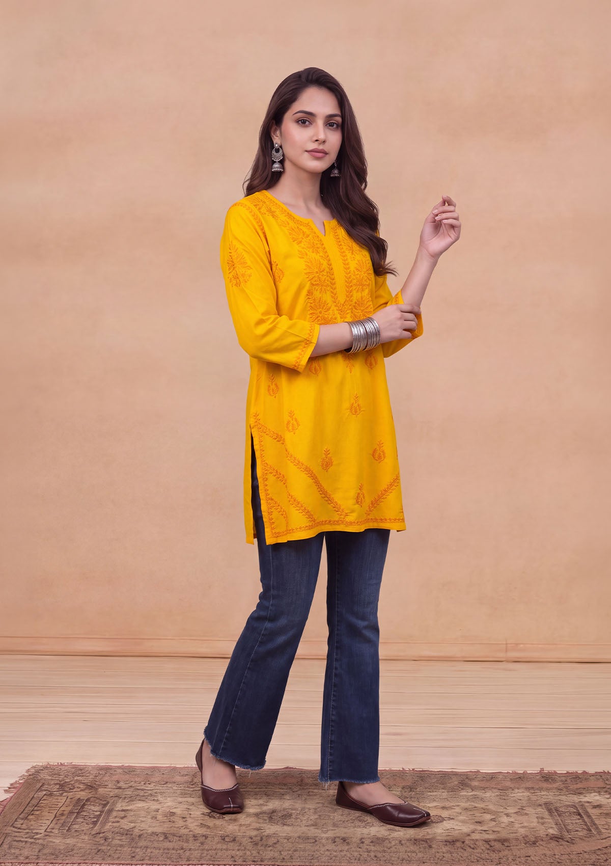 HOC Rayon Chikankari Solid Women's Short Kurta - Yellow