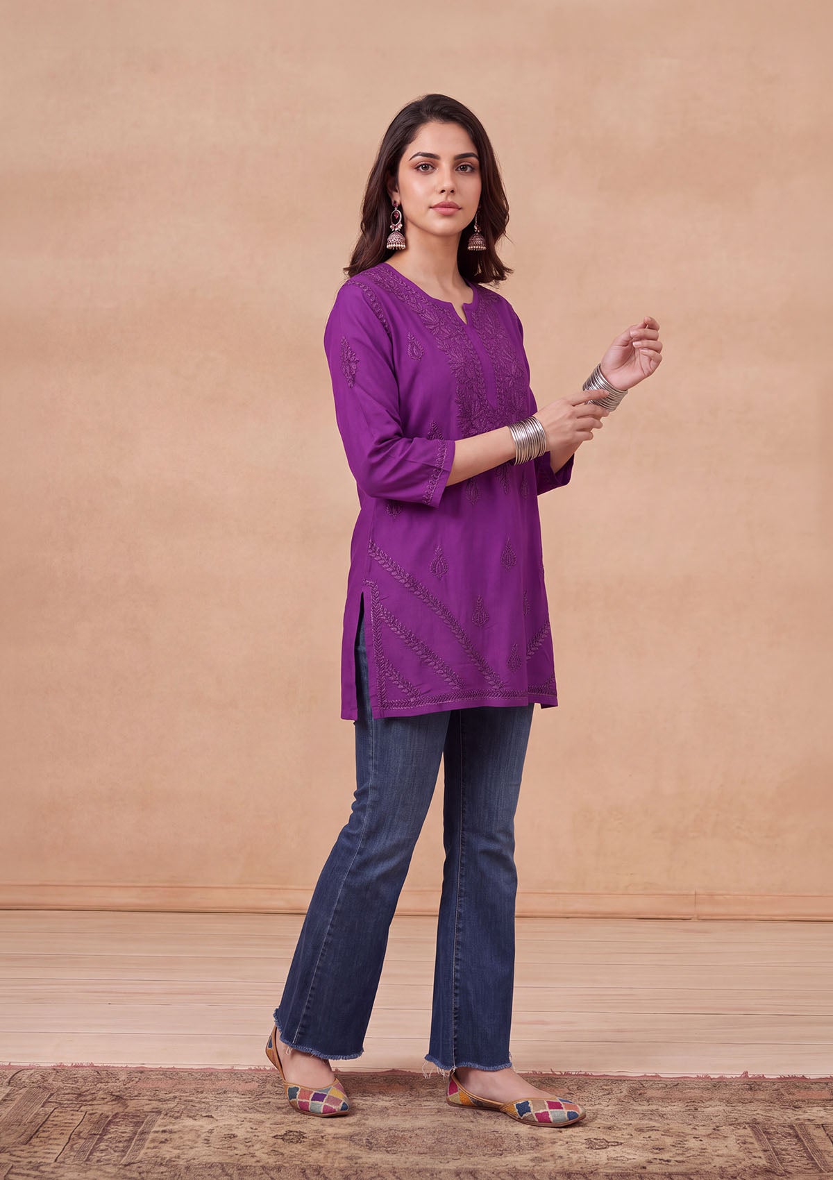 HOC Rayon Chikankari Solid Women's Short Kurta - Violet