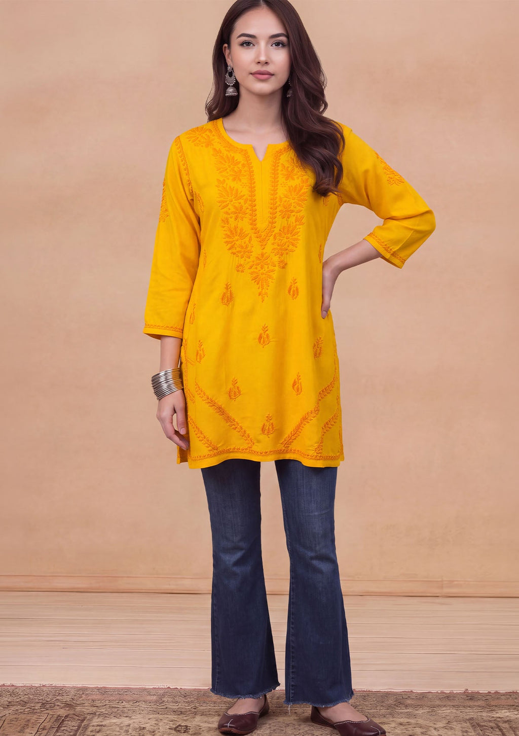 HOC Rayon Chikankari Solid Women's Short Kurta - Yellow
