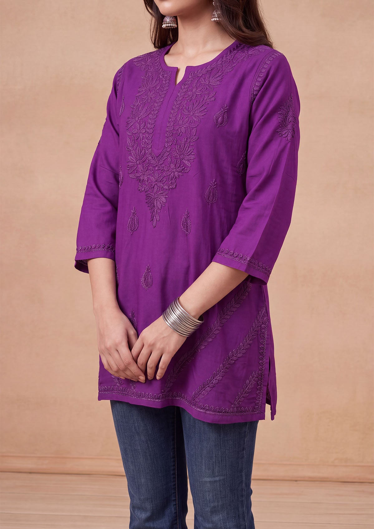 HOC Rayon Chikankari Solid Women's Short Kurta - Violet