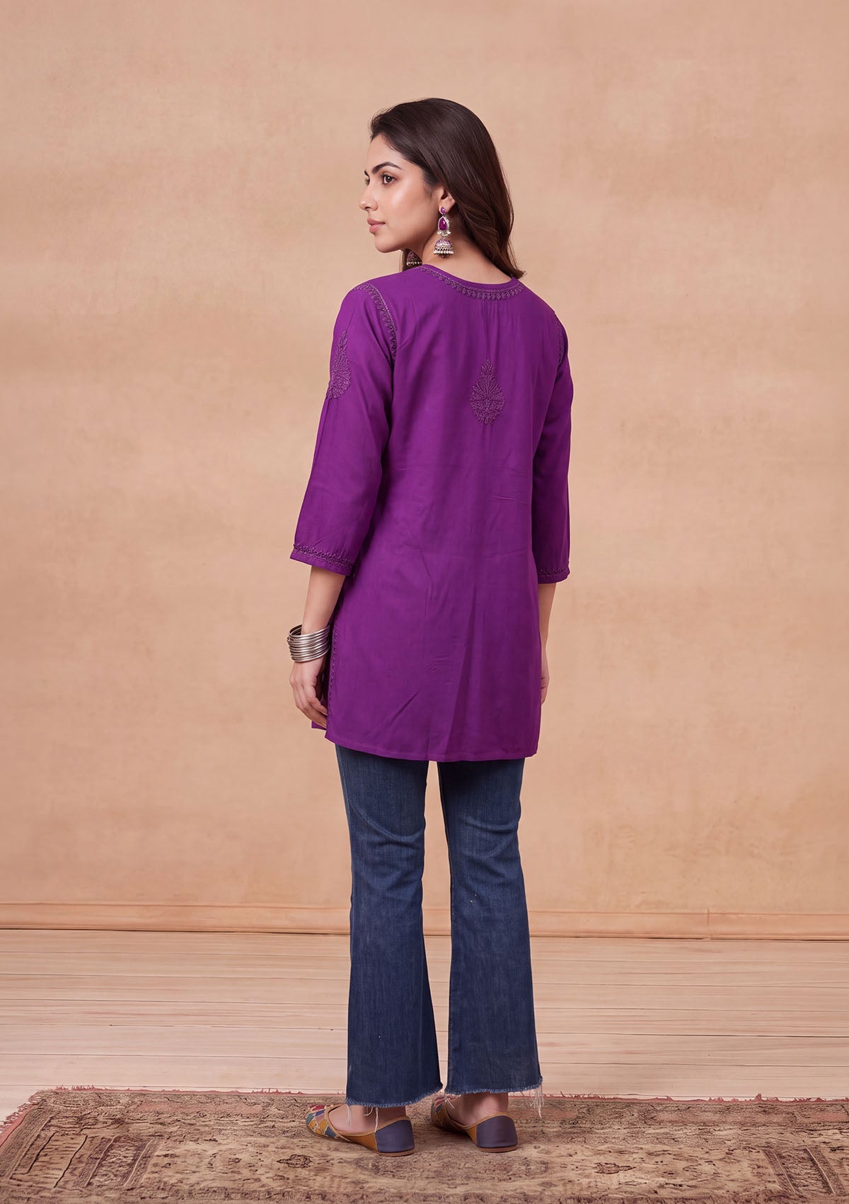 HOC Rayon Chikankari Solid Women's Short Kurta - Violet