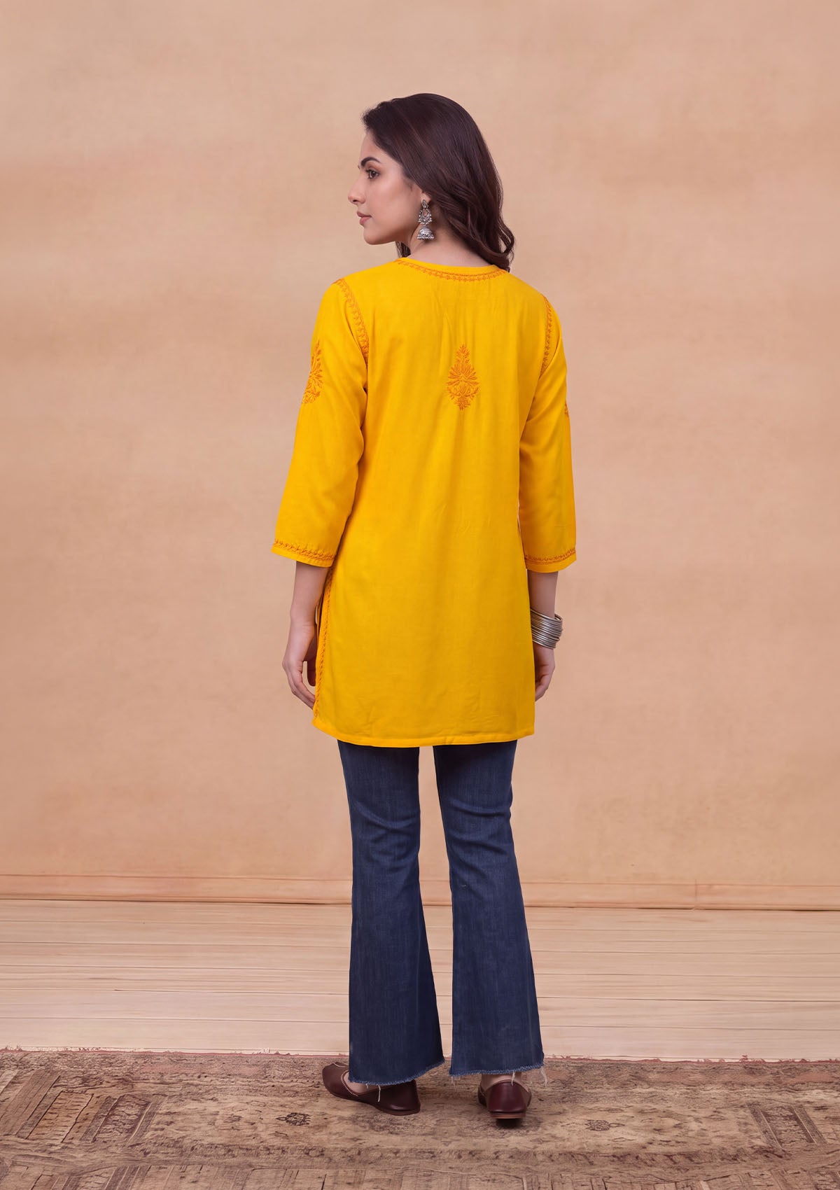 HOC Rayon Chikankari Solid Women's Short Kurta - Yellow