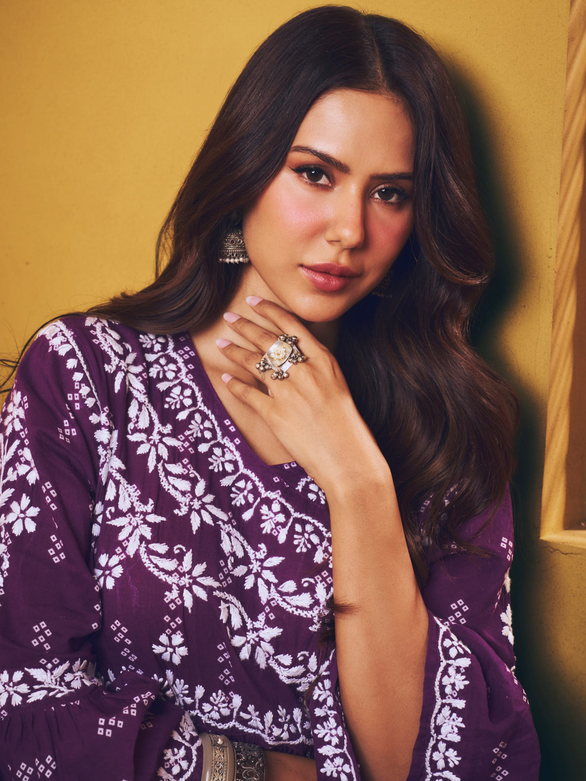Sonam Purple Chikankari Angrakha Kurta